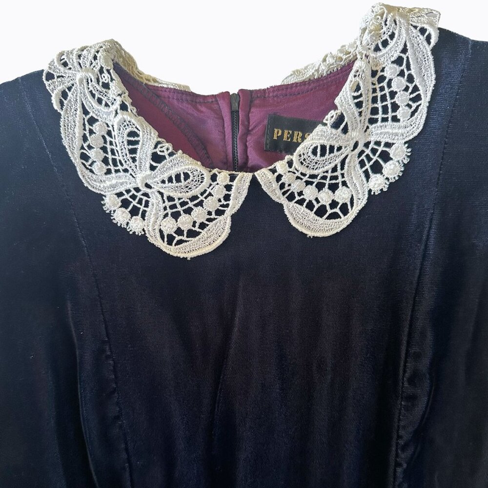 Vintage Navy Velvet Dress 6 Lace Collar Whimsigoth Goth Victorian Dark Romance - Picture 5 of 12